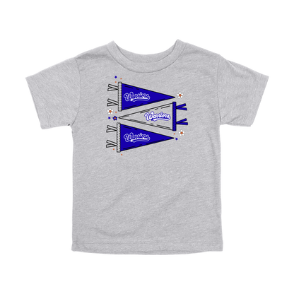Warrior Flags design shown on Athletic Gray toddler Bella+Canvas T-shirt.