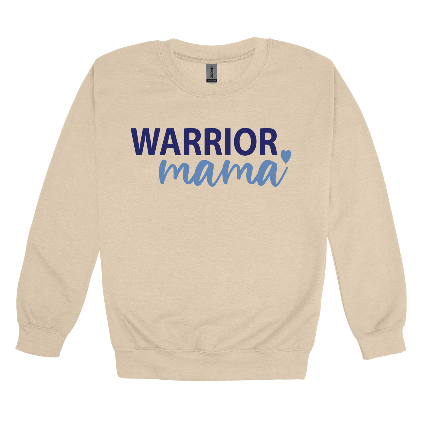 Warrior Mama design shown on Sand adult Gildan crewneck sweatshirt.