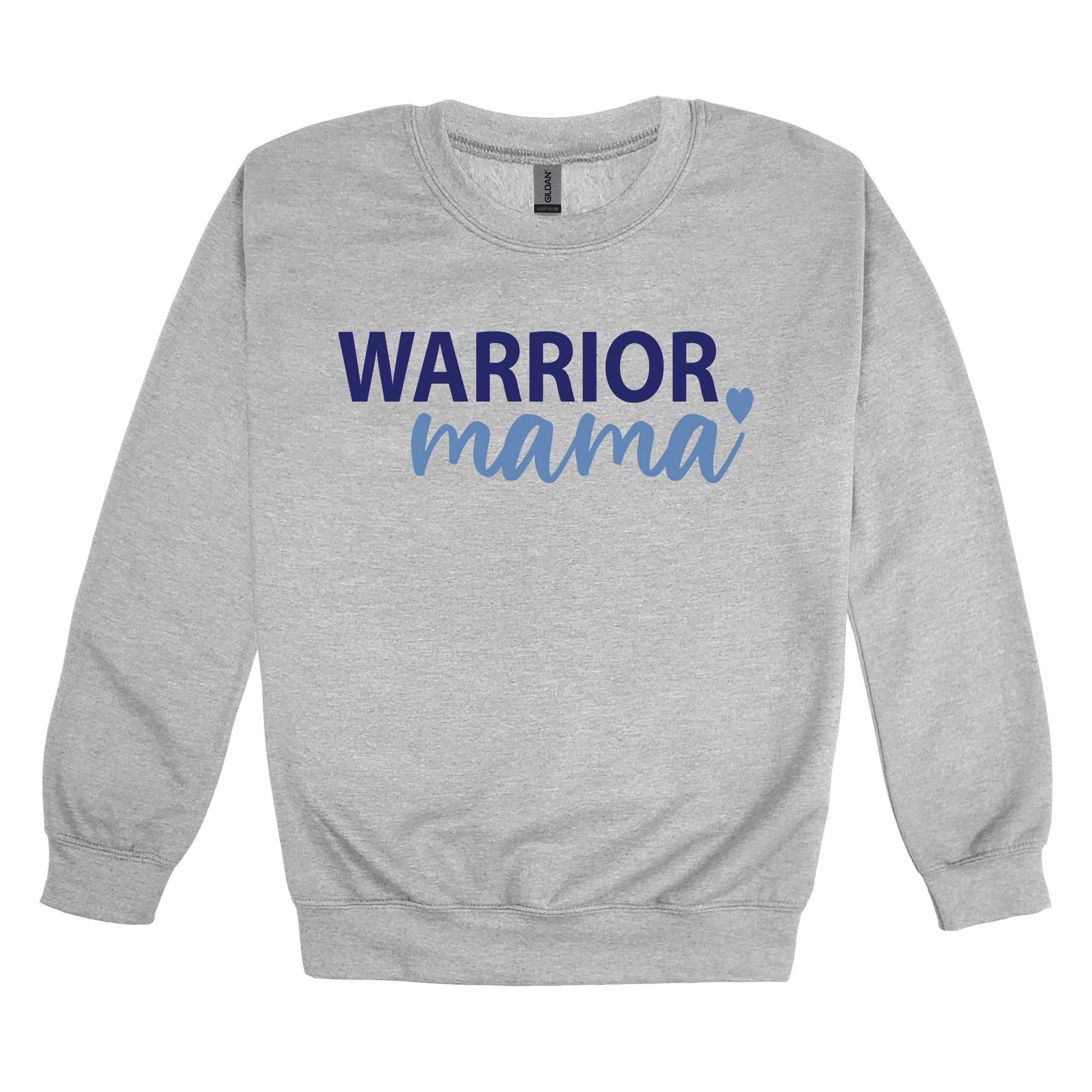 Warrior Mama design shown on Sport Gray adult Gildan crewneck sweatshirt.