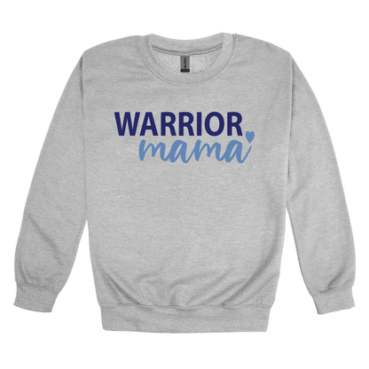 Warrior Mama design shown on Sport Gray adult Gildan crewneck sweatshirt.