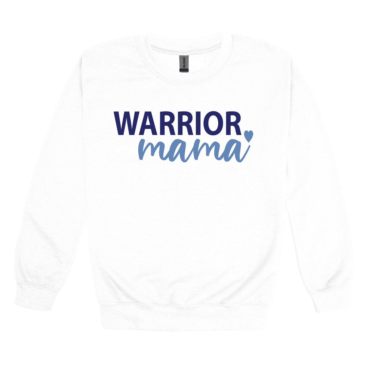 Warrior Mama design shown on White adult Gildan crewneck sweatshirt.