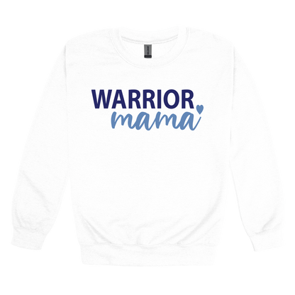 Warrior Mama design shown on White adult Gildan crewneck sweatshirt.
