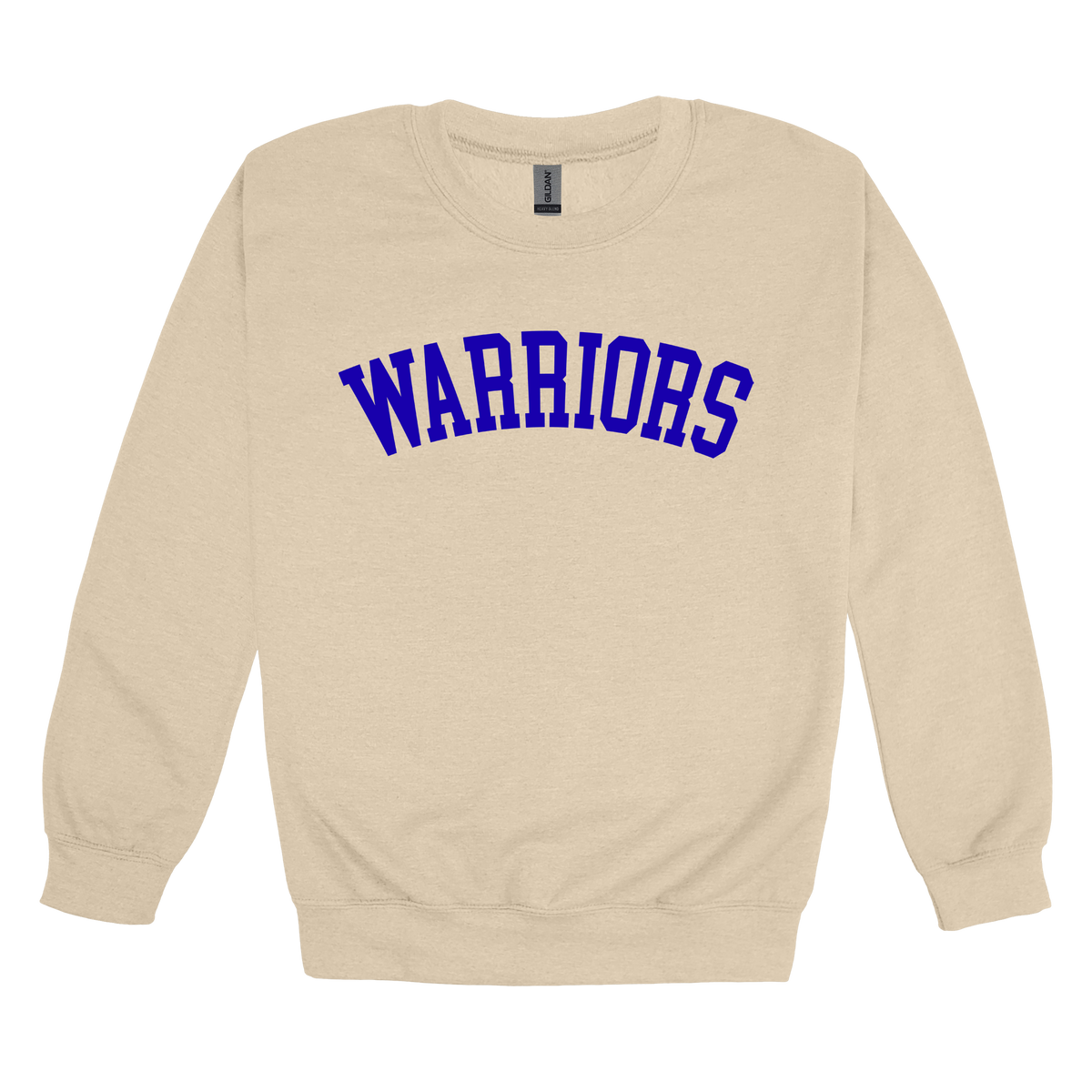 Warriors Arc design shown on Sand adult Gildan crewneck sweatshirt.