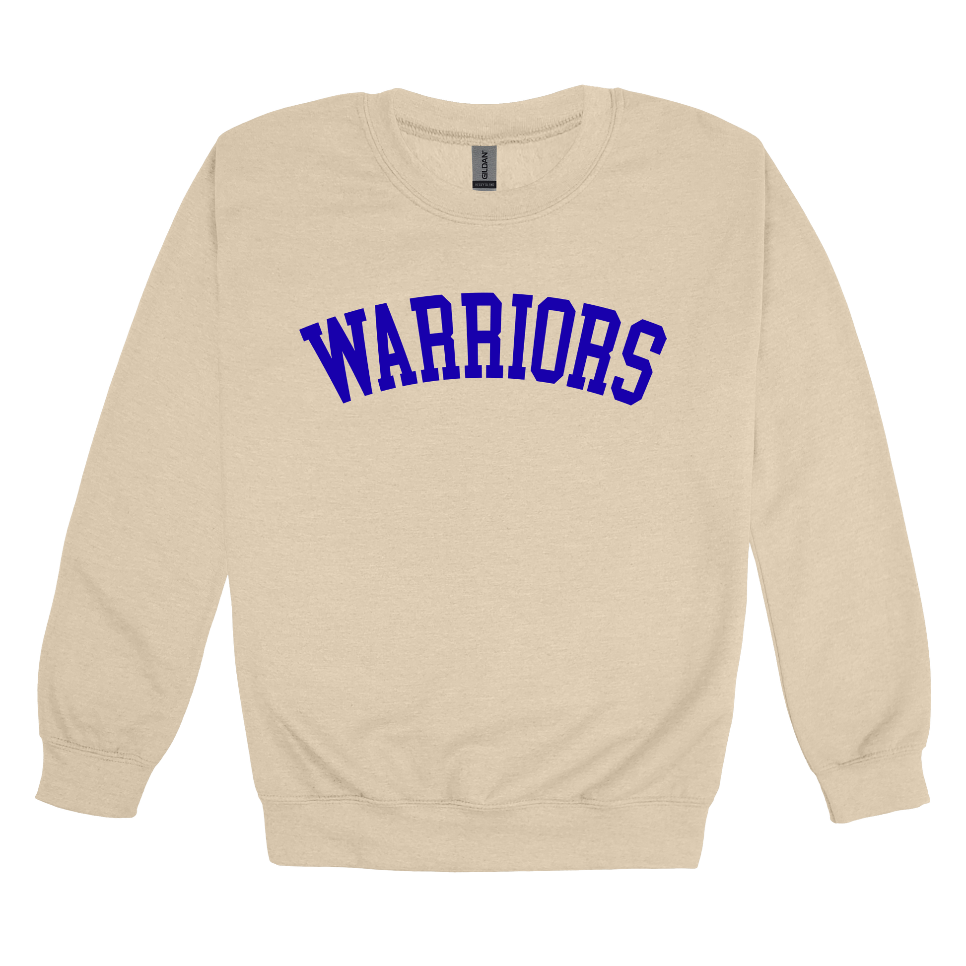 Warriors Arc design shown on Sand adult Gildan crewneck sweatshirt.