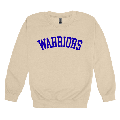 Warriors Arc design shown on Sand adult Gildan crewneck sweatshirt.