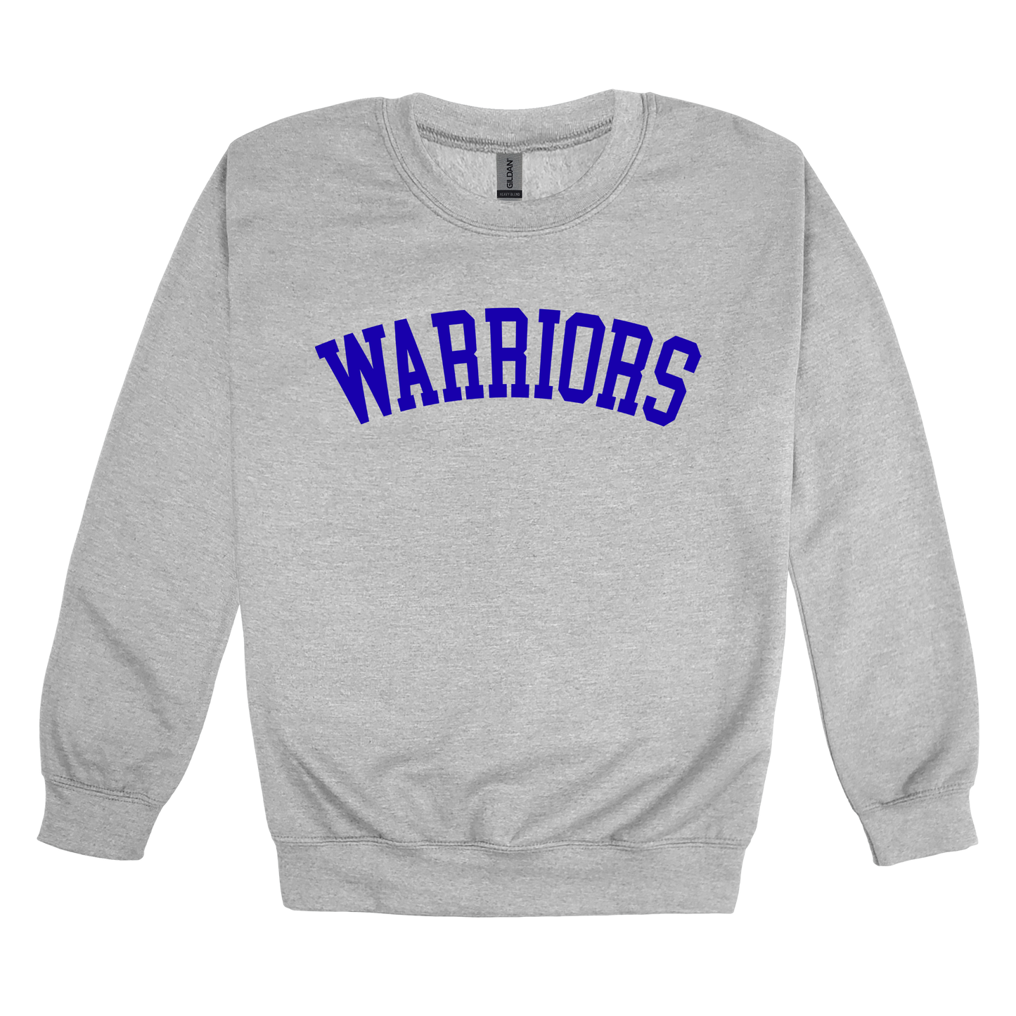 Warriors Arc design shown on Sport Gray adult Gildan crewneck sweatshirt.