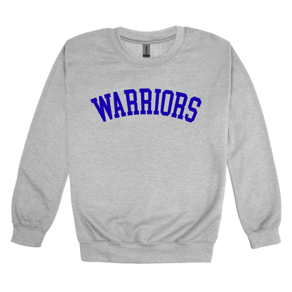 Warriors Arc design shown on Sport Gray adult Gildan crewneck sweatshirt.