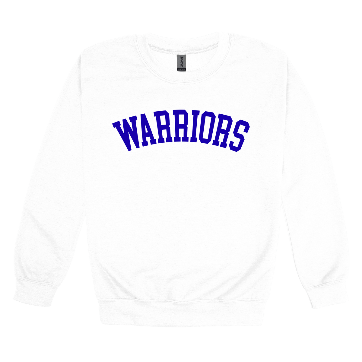 Warriors Arc design shown on White adult Gildan crewneck sweatshirt.