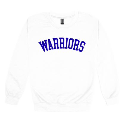 Warriors Arc design shown on White adult Gildan crewneck sweatshirt.