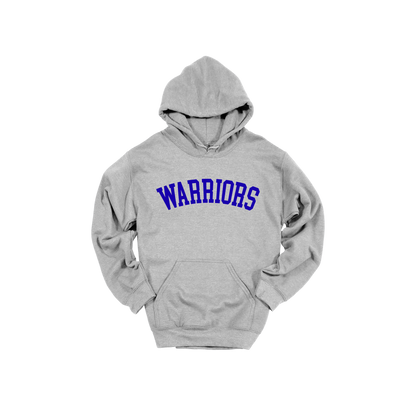 Warriors Arc design shown on Sport Gray adult Gildan hoodie.
