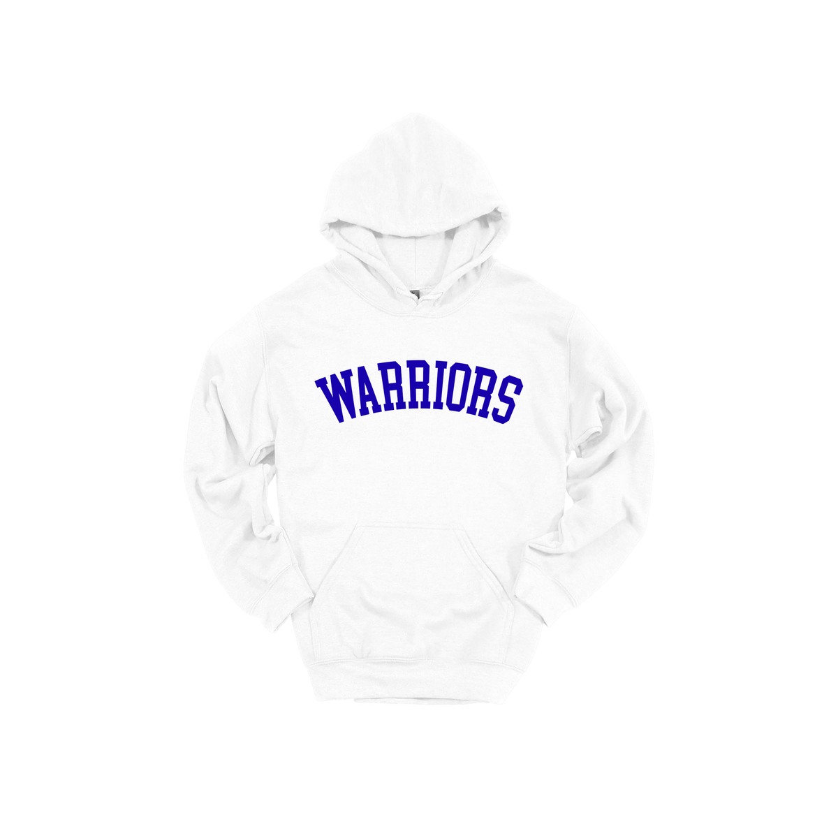 Warriors Arc design shown on White adult Gildan hoodie.