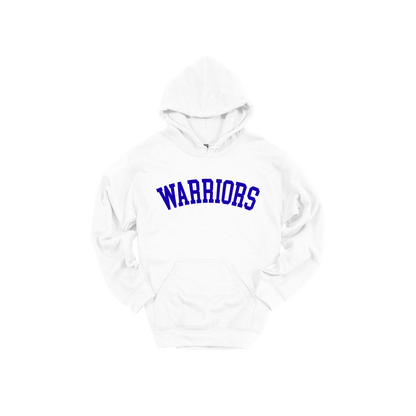 Warriors Arc design shown on White adult Gildan hoodie.
