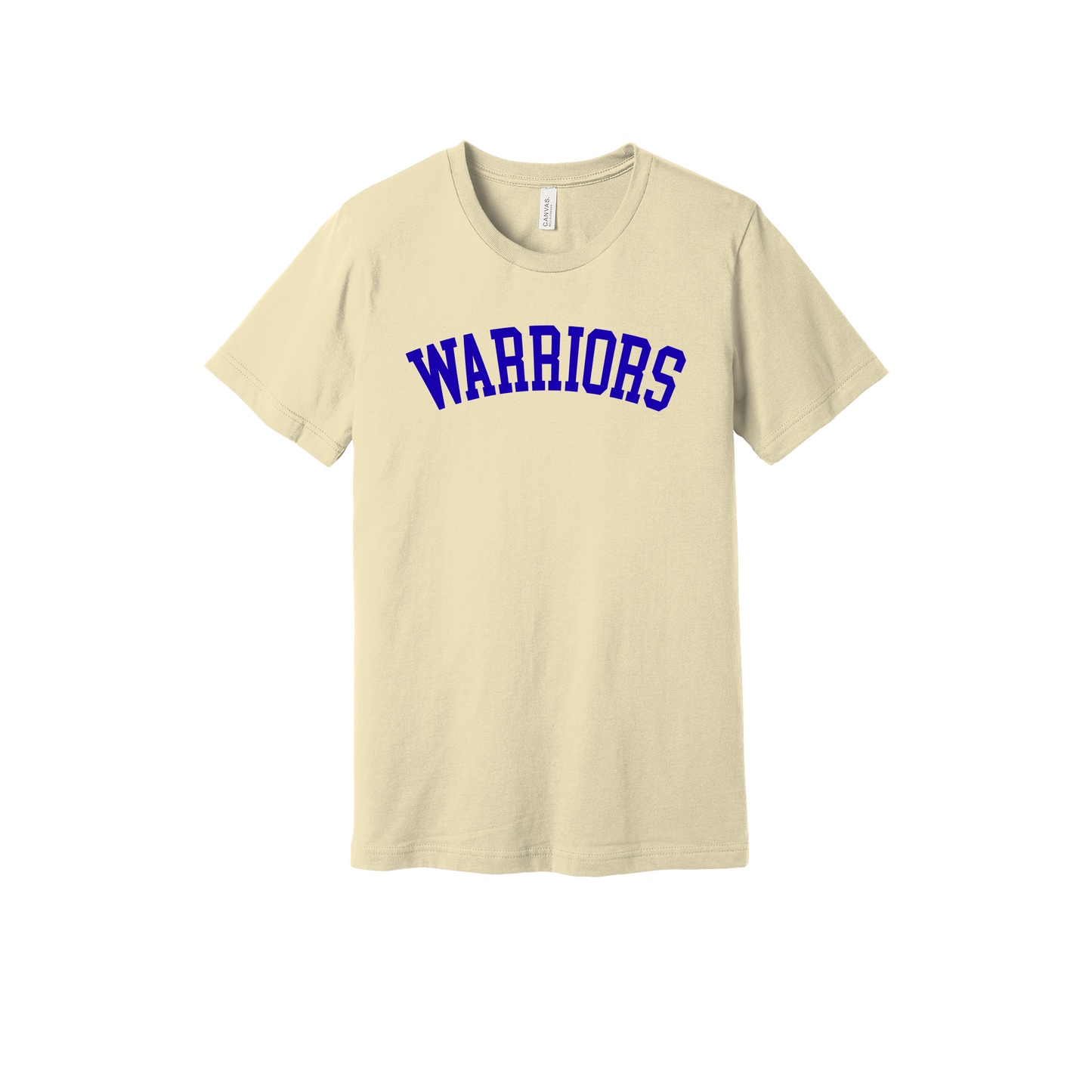 Warriors Arc design shown on Natural adult Bella+Canvas 3001 T-shirt.