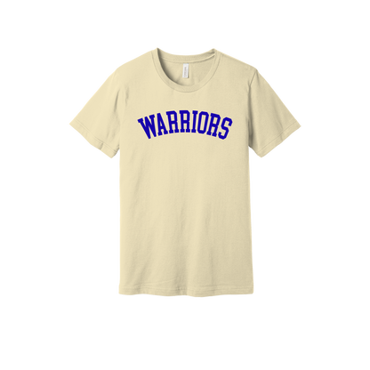 Warriors Arc design shown on Natural adult Bella+Canvas 3001 T-shirt.