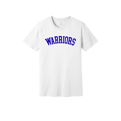 Warriors Arc design shown on White adult Bella+Canvas 3001 T-shirt.