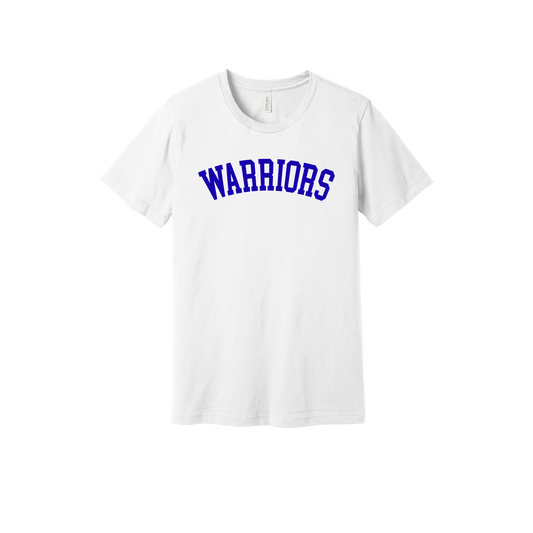 Warriors Arc design shown on White adult Bella+Canvas 3001 T-shirt.
