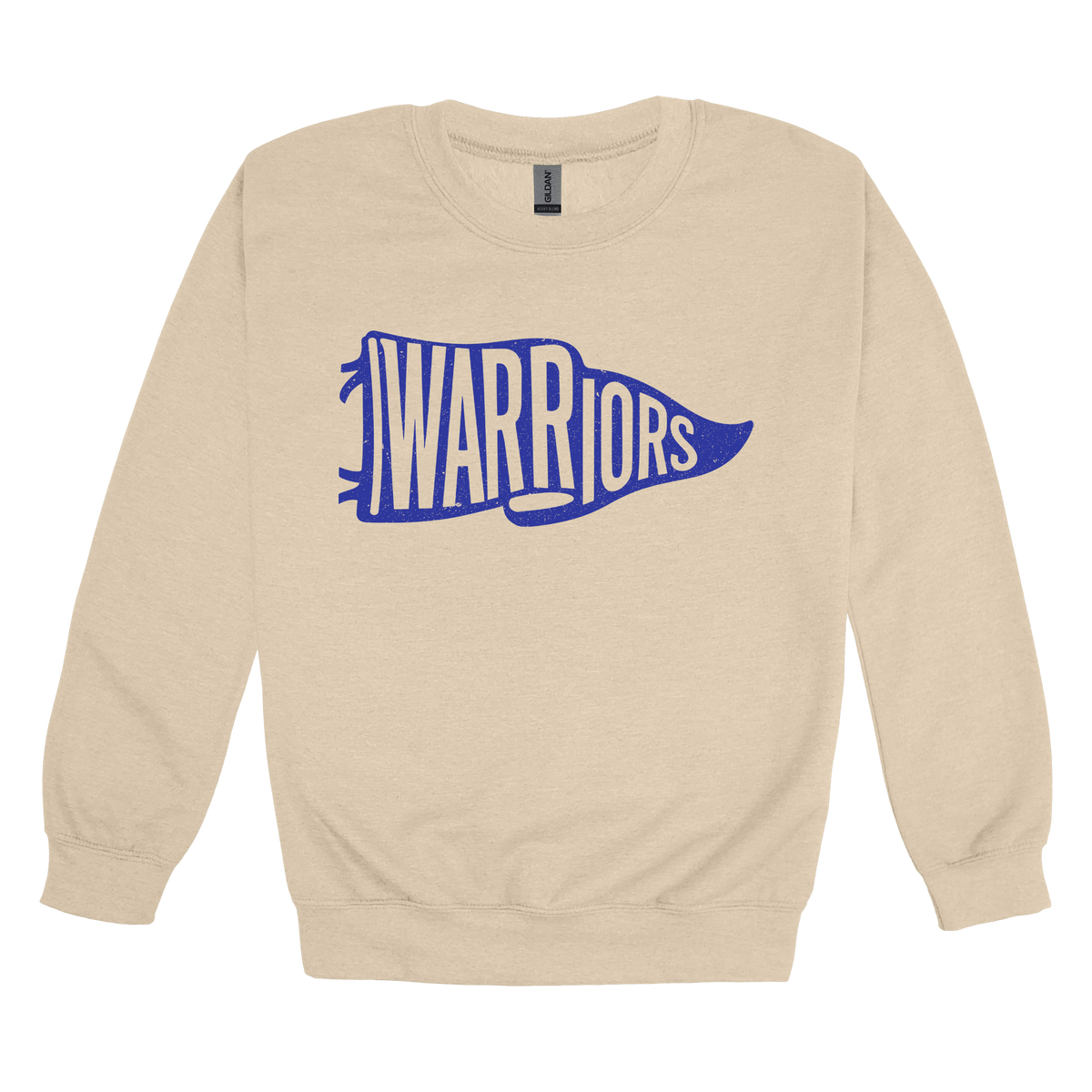 Warriors Banner design shown on Sand adult Gildan crewneck sweatshirt.