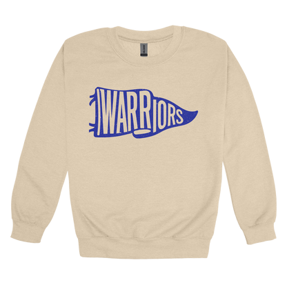 Warriors Banner design shown on Sand adult Gildan crewneck sweatshirt.