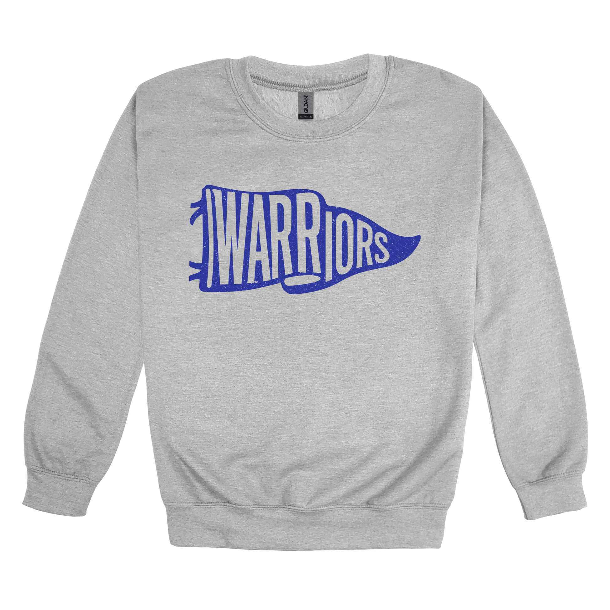 Warriors Banner design shown on Sport Gray adult Gildan crewneck sweatshirt.
