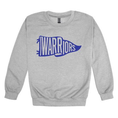 Warriors Banner design shown on Sport Gray adult Gildan crewneck sweatshirt.