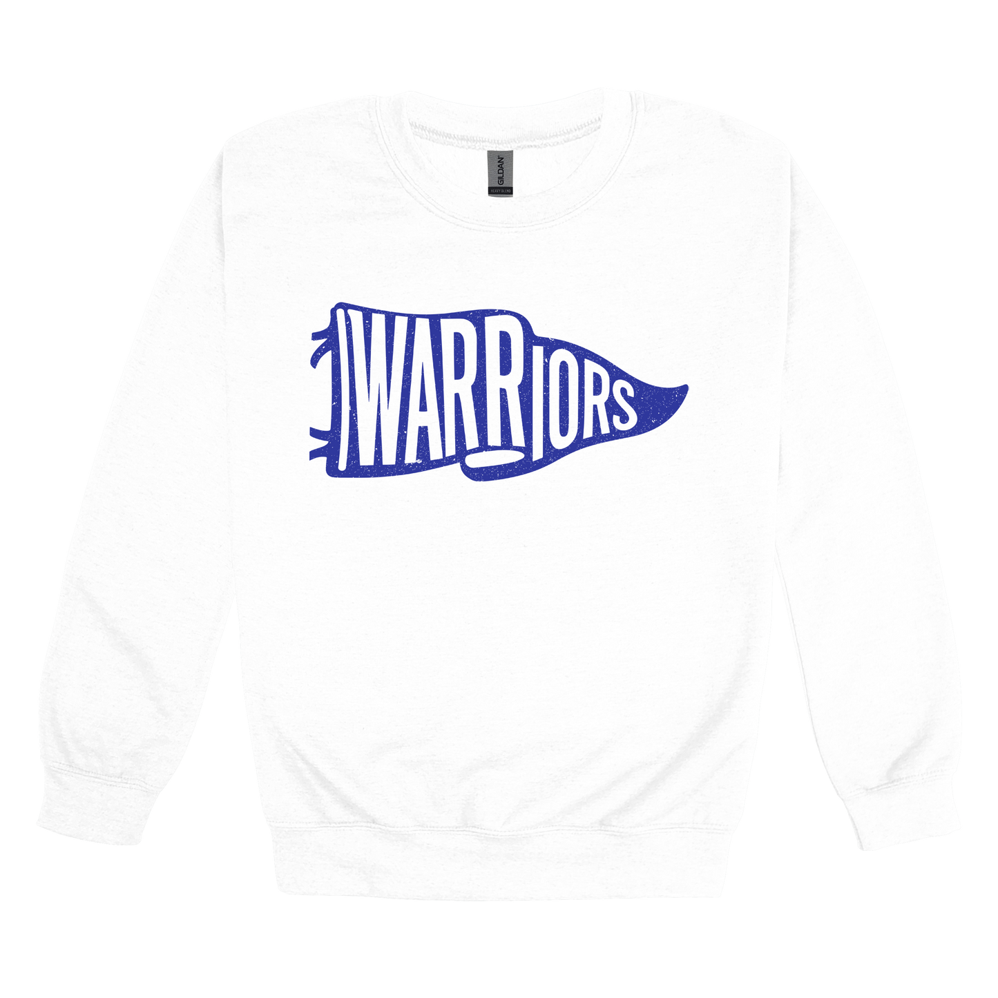 Warriors Banner design shown on White adult Gildan crewneck sweatshirt.