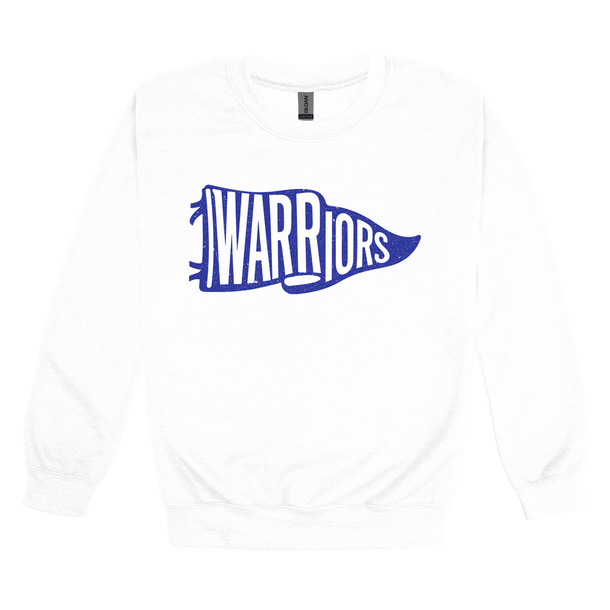 Warriors Banner design shown on White adult Gildan crewneck sweatshirt.