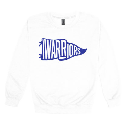 Warriors Banner design shown on White adult Gildan crewneck sweatshirt.