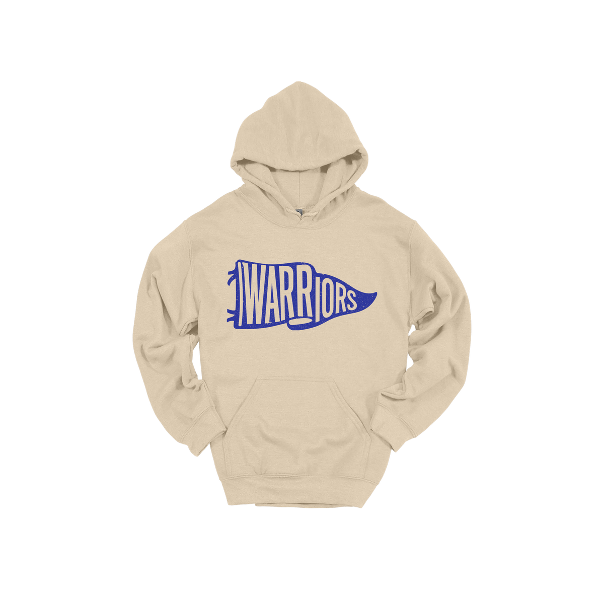 Warriors Banner design shown on Sand adult Gildan hoodie.