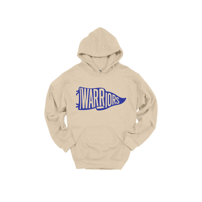 Warriors Banner design shown on Sand adult Gildan hoodie.