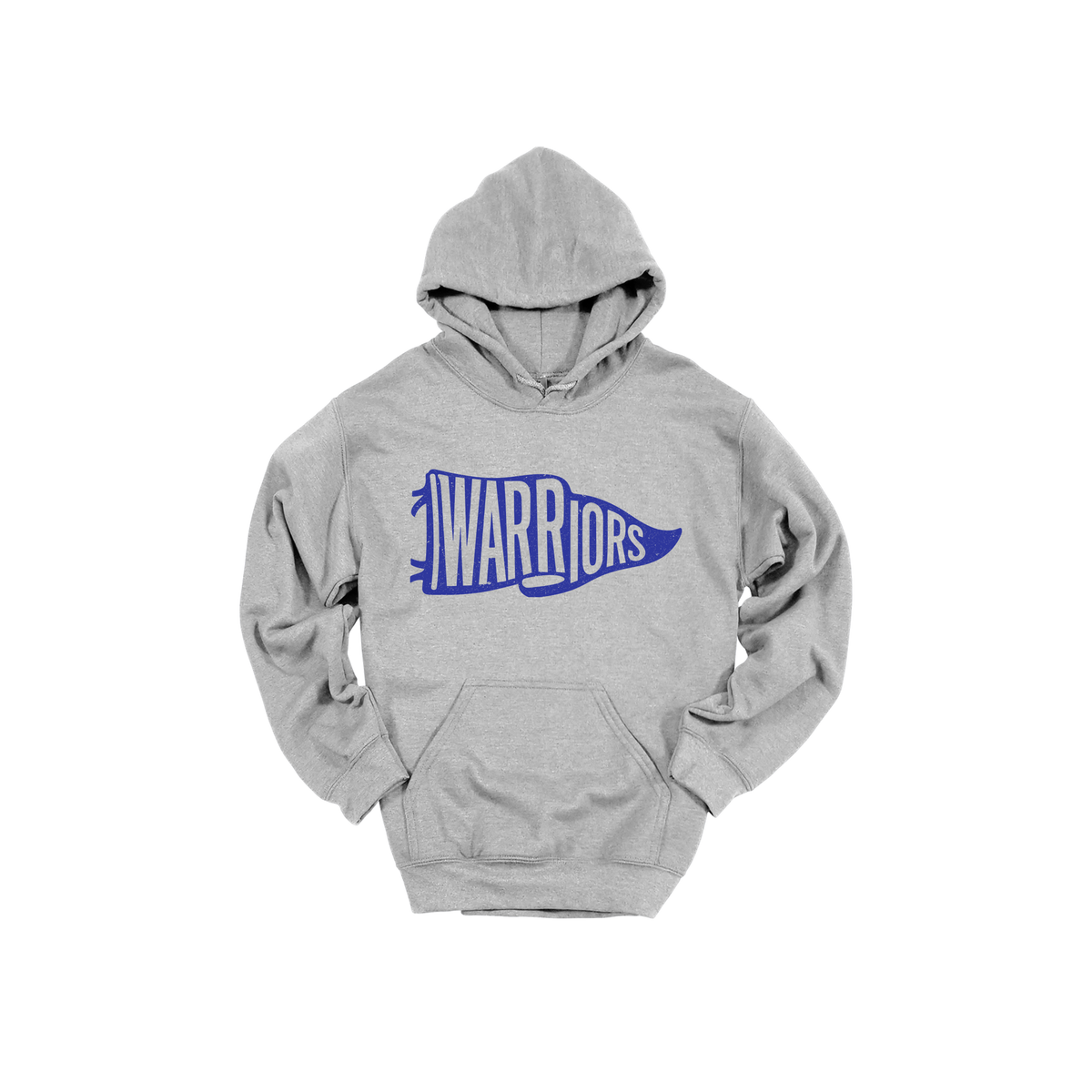 Warriors Banner design shown on Sport Gray adult Gildan hoodie.