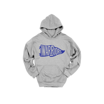 Warriors Banner design shown on Sport Gray adult Gildan hoodie.