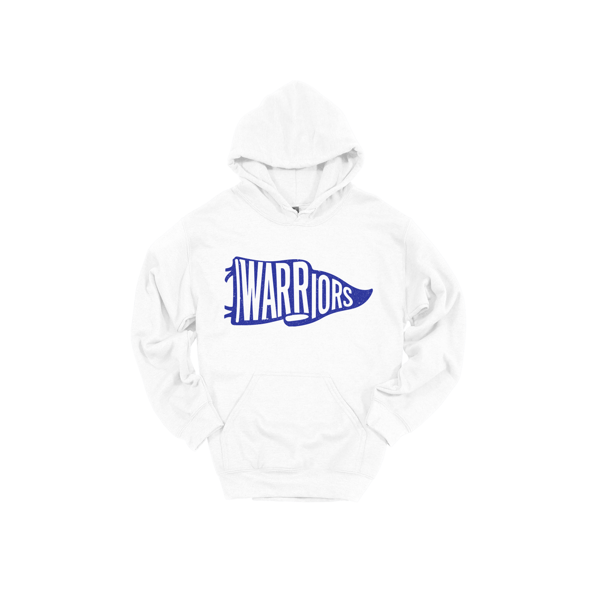 Warriors Banner design shown on White adult Gildan hoodie.
