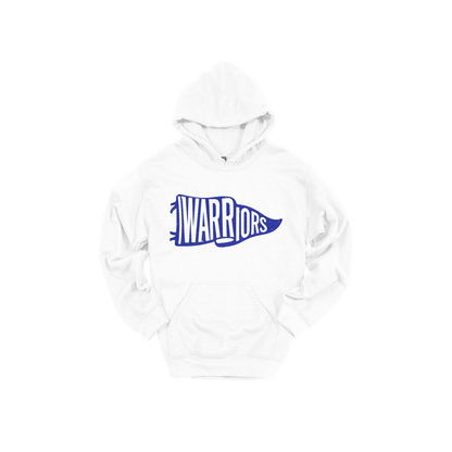 Warriors Banner design shown on White adult Gildan hoodie.