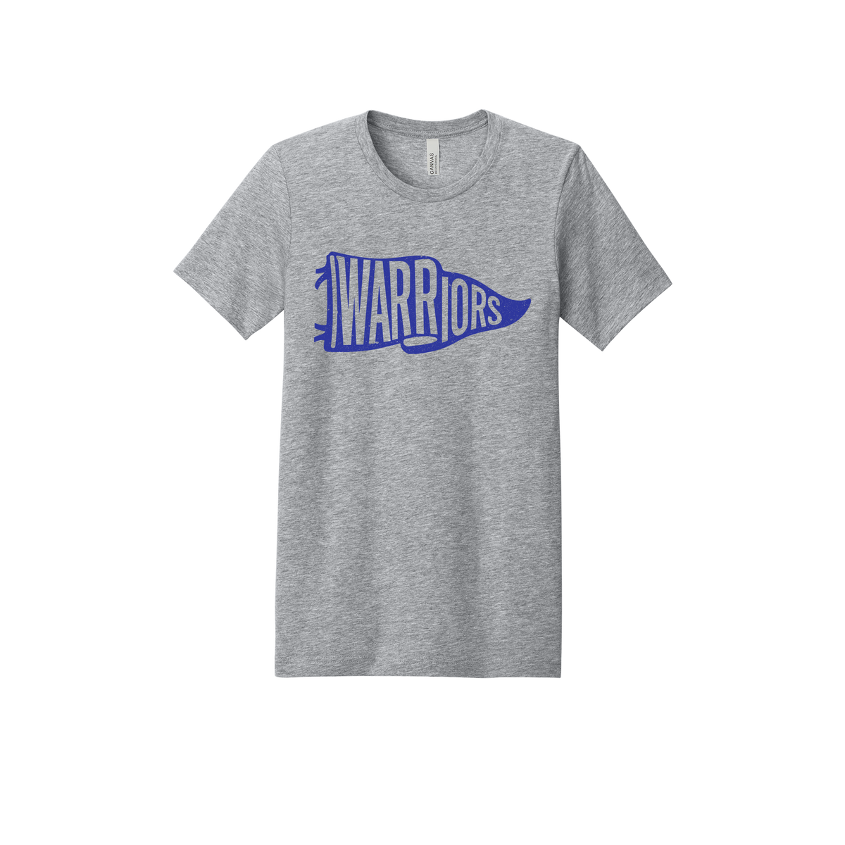 Warriors Banner design shown on Heather Athletic Gray adult Bella+Canvas 3001 T-shirt.