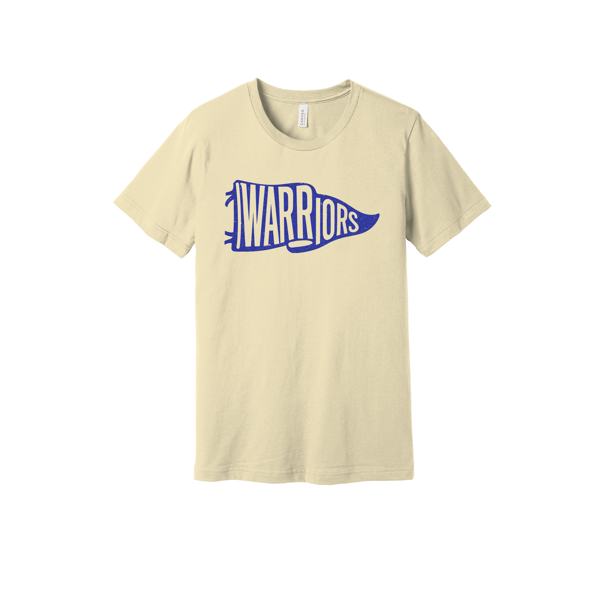 Warriors Banner design shown on Natural adult Bella+Canvas 3001 T-shirt.