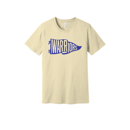 Warriors Banner design shown on Natural adult Bella+Canvas 3001 T-shirt.