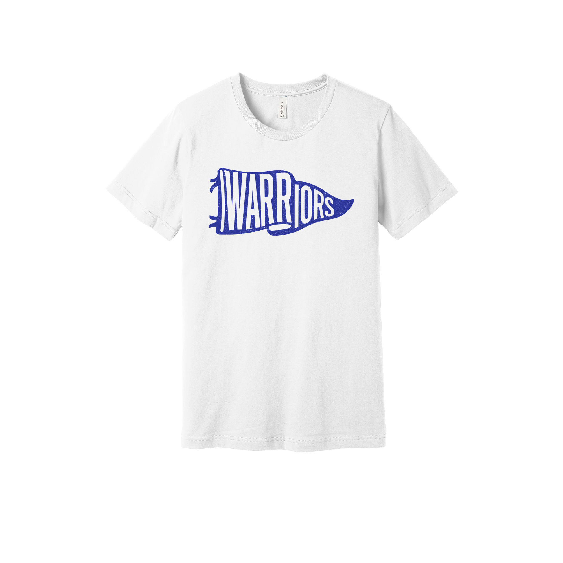 Warriors Banner design shown on White adult Bella+Canvas 3001 T-shirt.