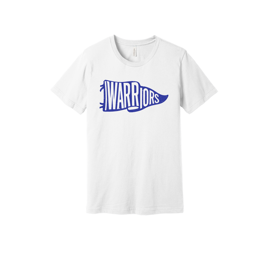 Warriors Banner design shown on White adult Bella+Canvas 3001 T-shirt.