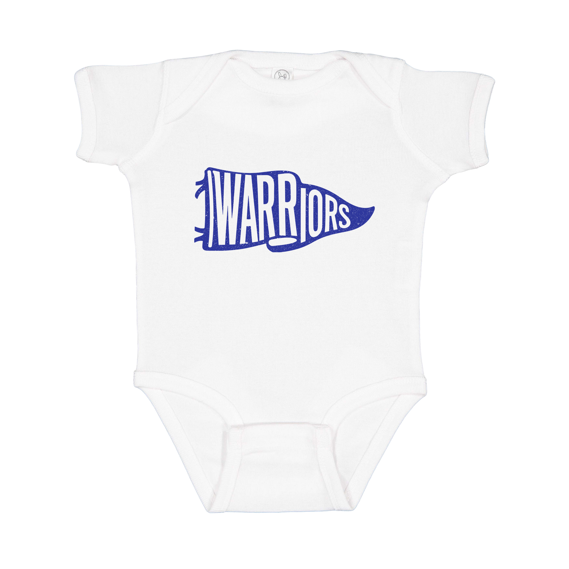 Warriors Banner design shown on White infant bodysuit.