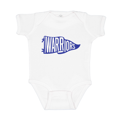 Warriors Banner design shown on White infant bodysuit.