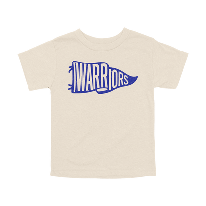 Warriors Banner design shown on Natural toddler Bella+Canvas T-shirt.