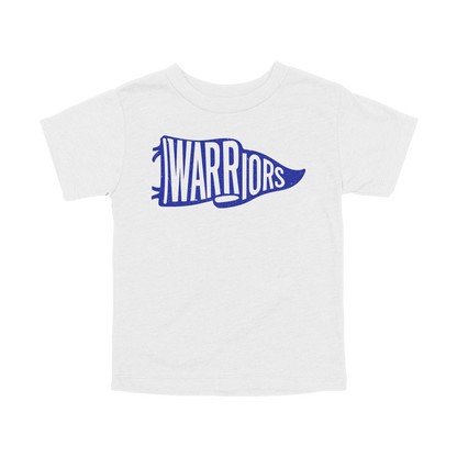 Warriors Banner design shown on White toddler Bella+Canvas T-shirt.