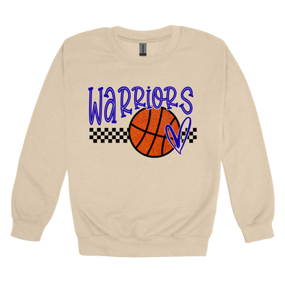 Warriors Glitter design shown on Sand adult Gildan crewneck sweatshirt.