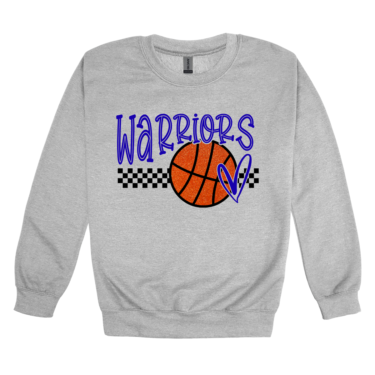 Warriors Glitter design shown on Sport Gray adult Gildan crewneck sweatshirt.