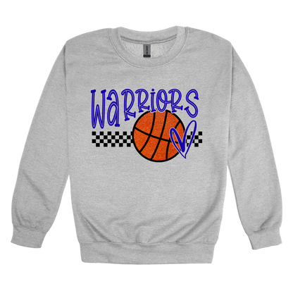 Warriors Glitter design shown on Sport Gray adult Gildan crewneck sweatshirt.