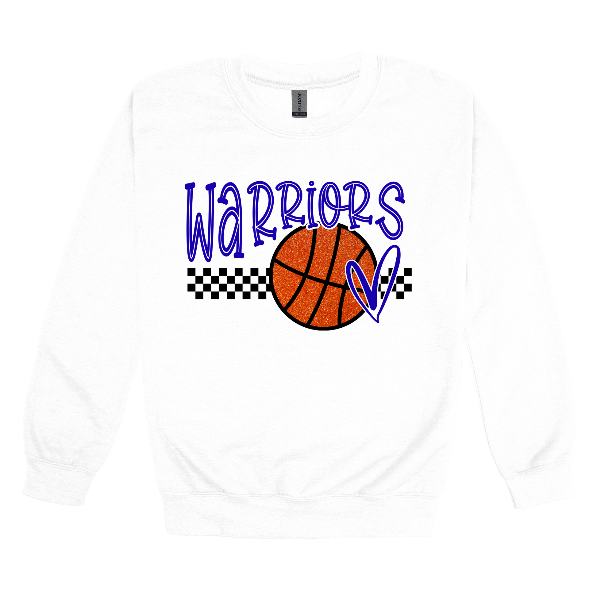 Warriors Glitter design shown on White adult Gildan crewneck sweatshirt.