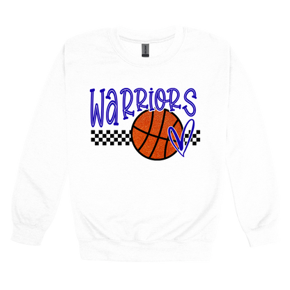 Warriors Glitter design shown on White adult Gildan crewneck sweatshirt.