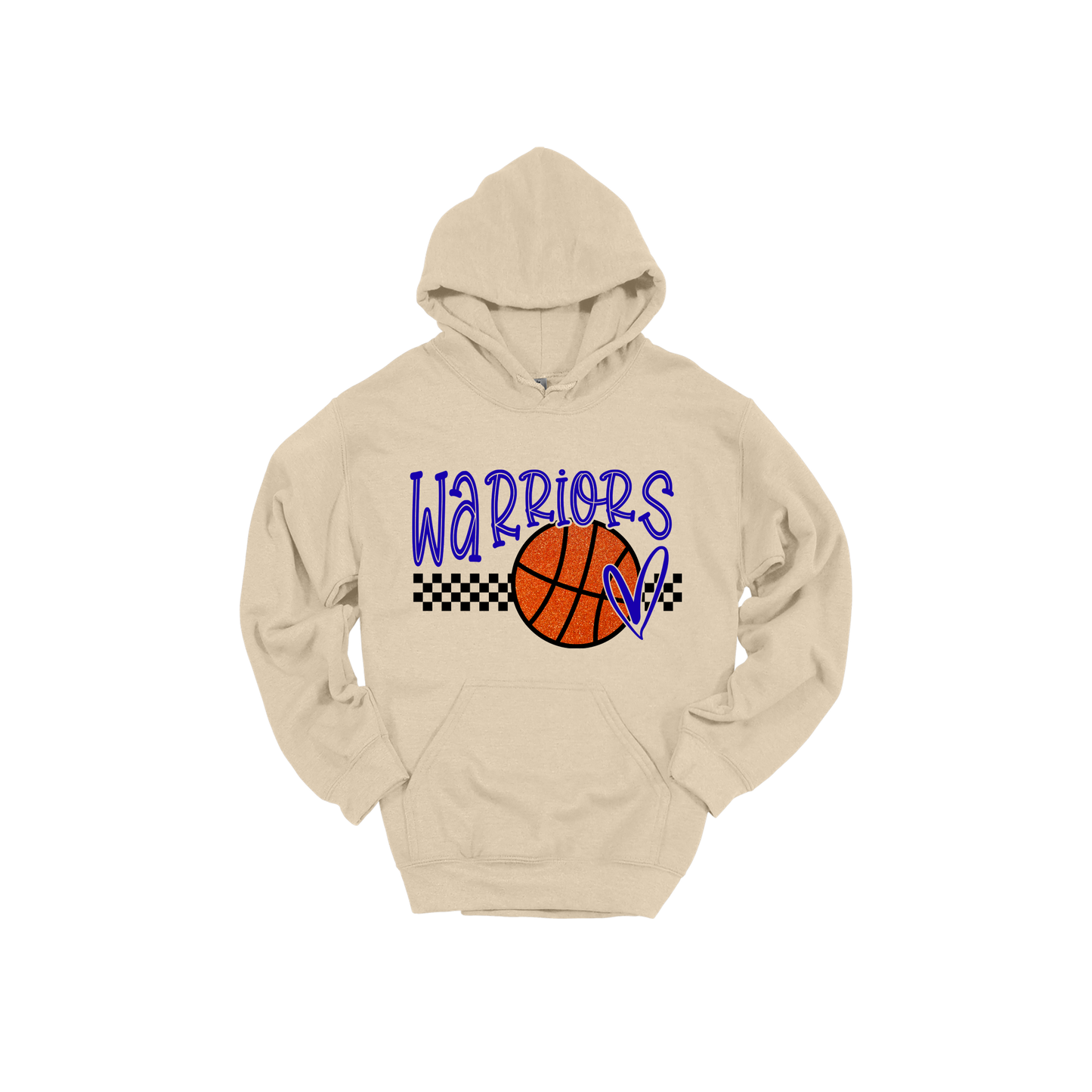 Warriors Glitter design shown on Sand adult Gildan hoodie.