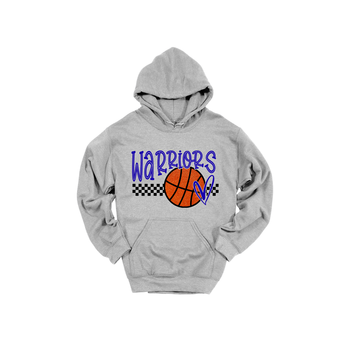 Warriors Glitter design shown on Sport Gray adult Gildan hoodie.