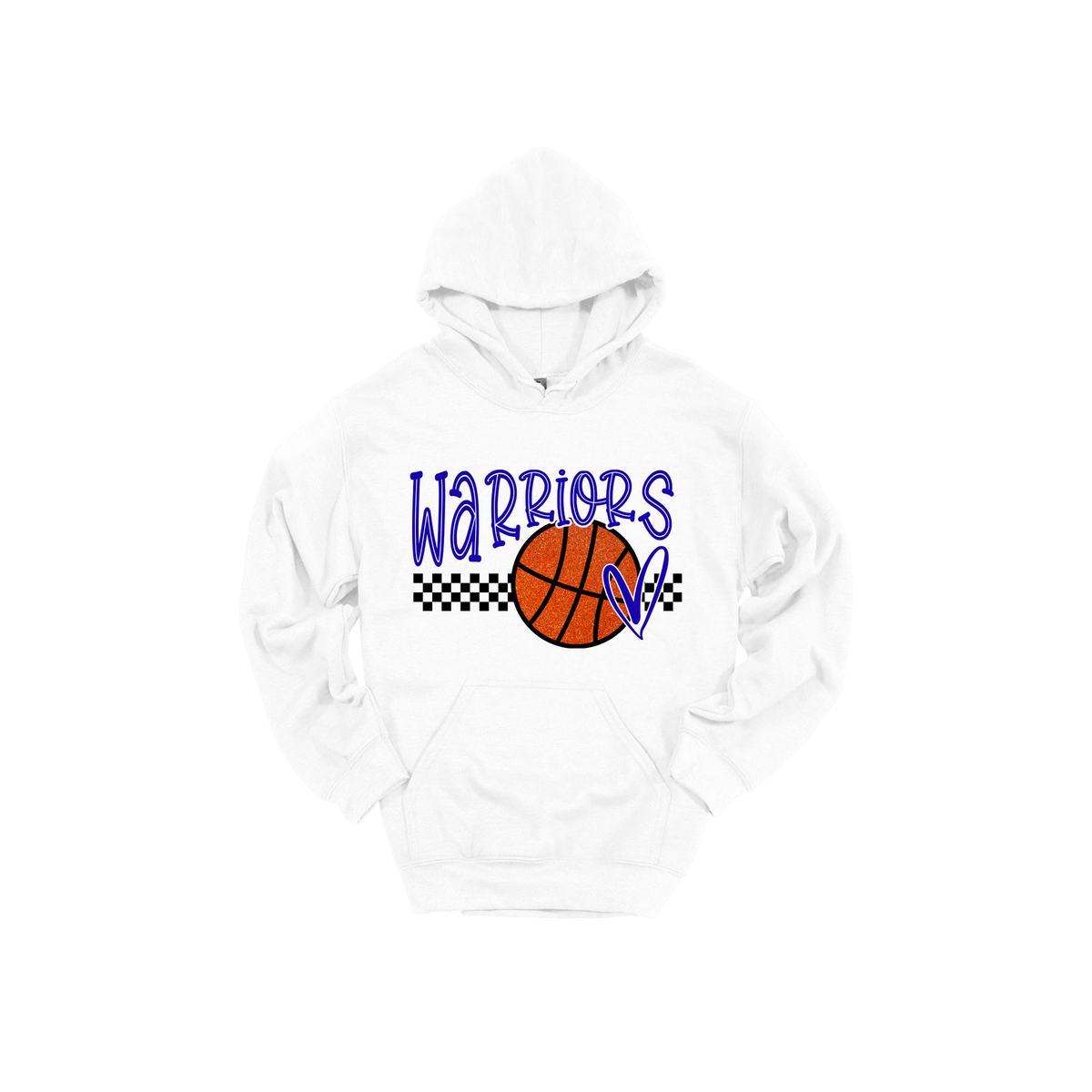 Warriors Glitter design shown on White adult Gildan hoodie.
